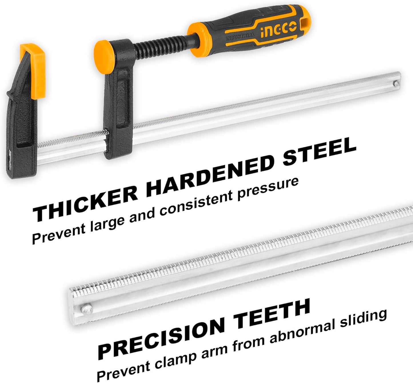 &nbsp;INGCO 4-Piece F-Clamp Set – 50mm Jaw, 250mm Capacity, with Rubberized Handle – HFCS0425
