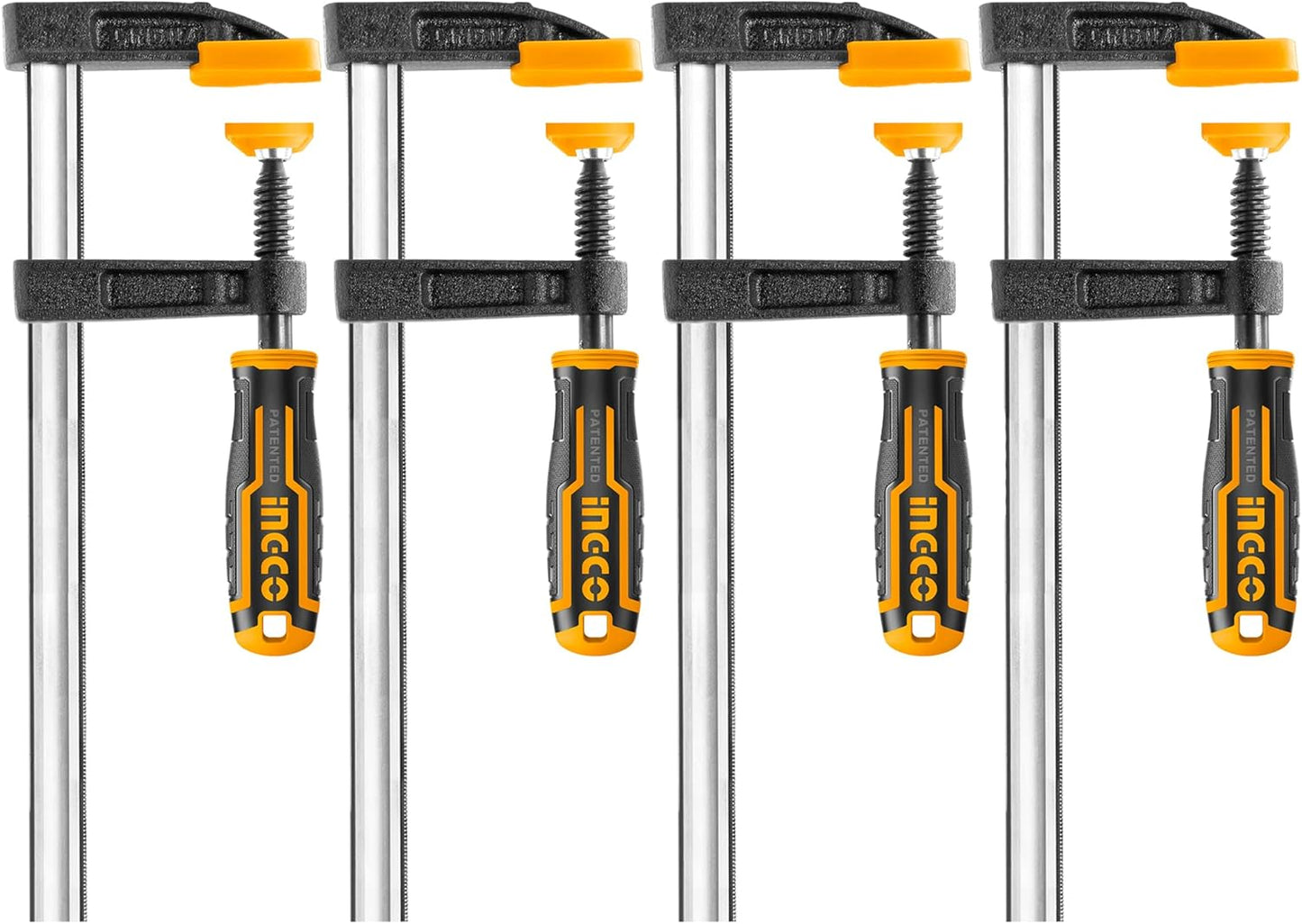 &nbsp;INGCO 4-Piece F-Clamp Set – 50mm Jaw, 250mm Capacity, with Rubberized Handle – HFCS0425