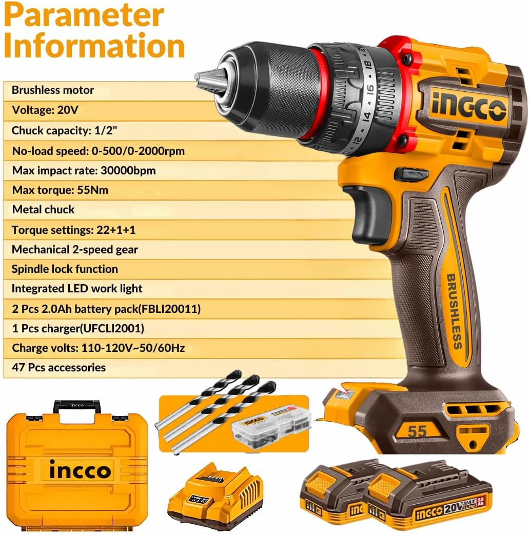 INGCO 20V Cordless Brushless Impact Drill Kit – 55Nm, 2 Batteries, 50-Piece Bits & Case