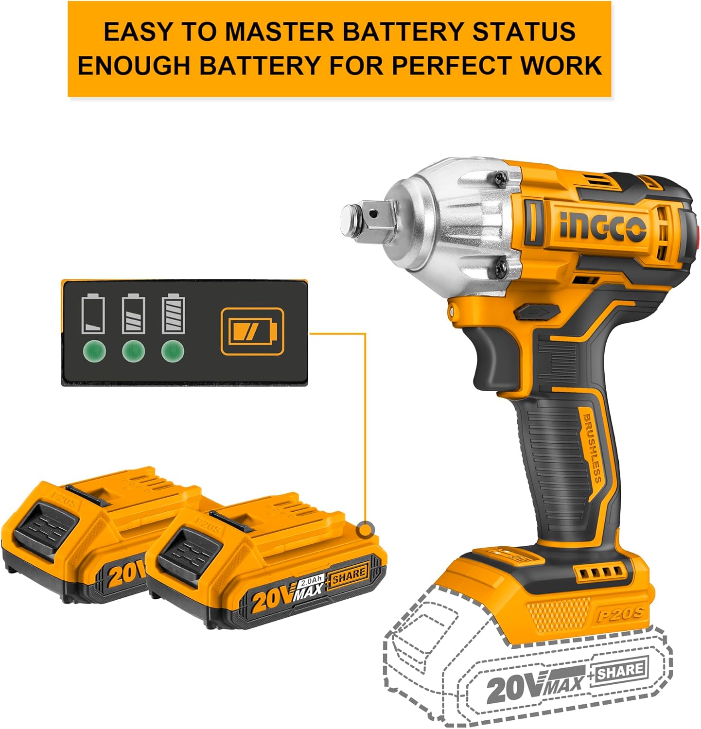INGCO 20V Brushless Cordless Impact Wrench Kit – 1/2", 300Nm, 2 Batteries – CIWLI20300