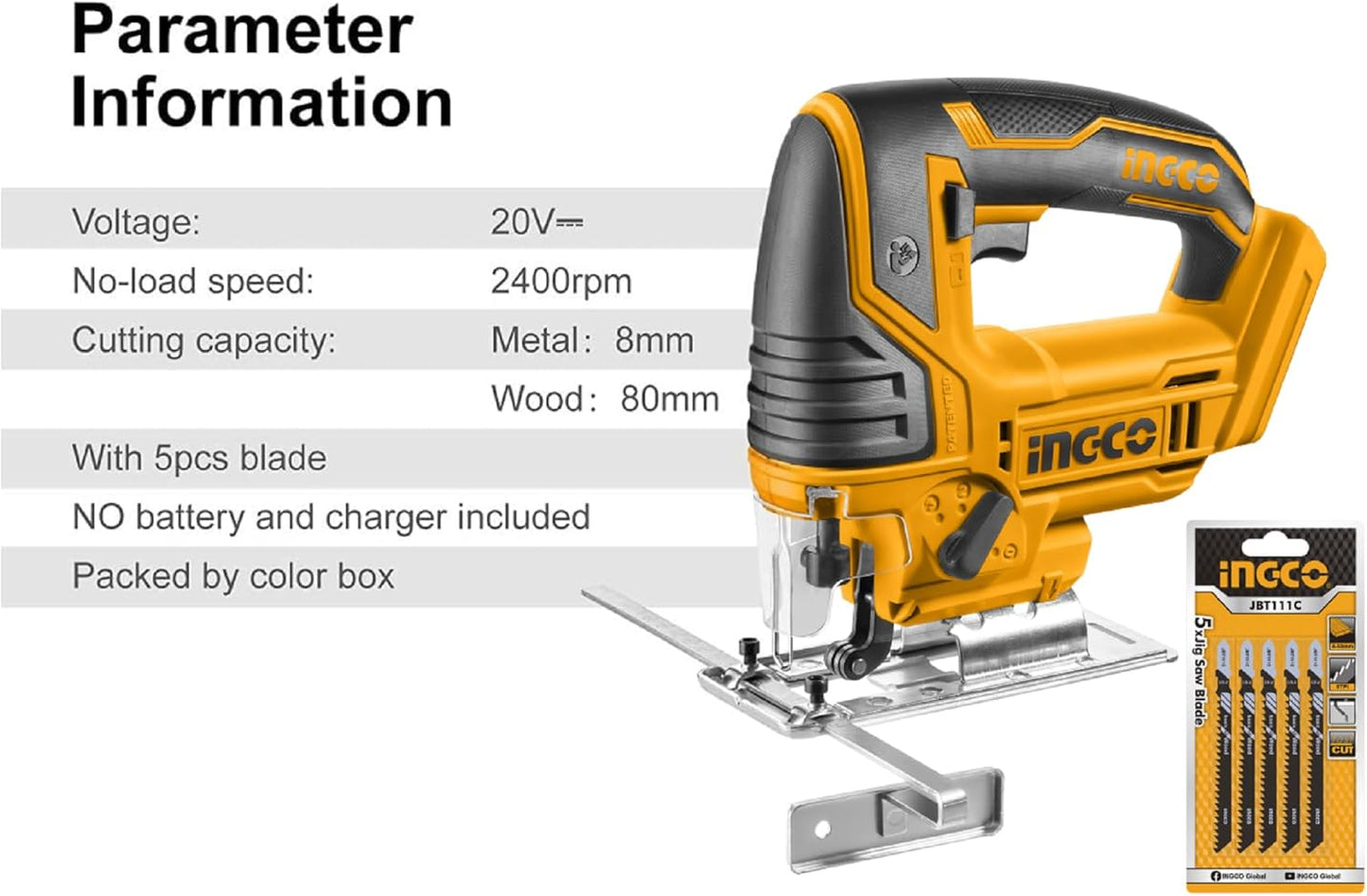 &nbsp;INGCO 800W Jig Saw – Variable Speed, Orbital Action, with Dust Blower – JS80028