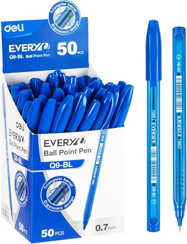 Deli Smooth Ballpoint Pens, 0.7mm, Blue Ink, Box of 50