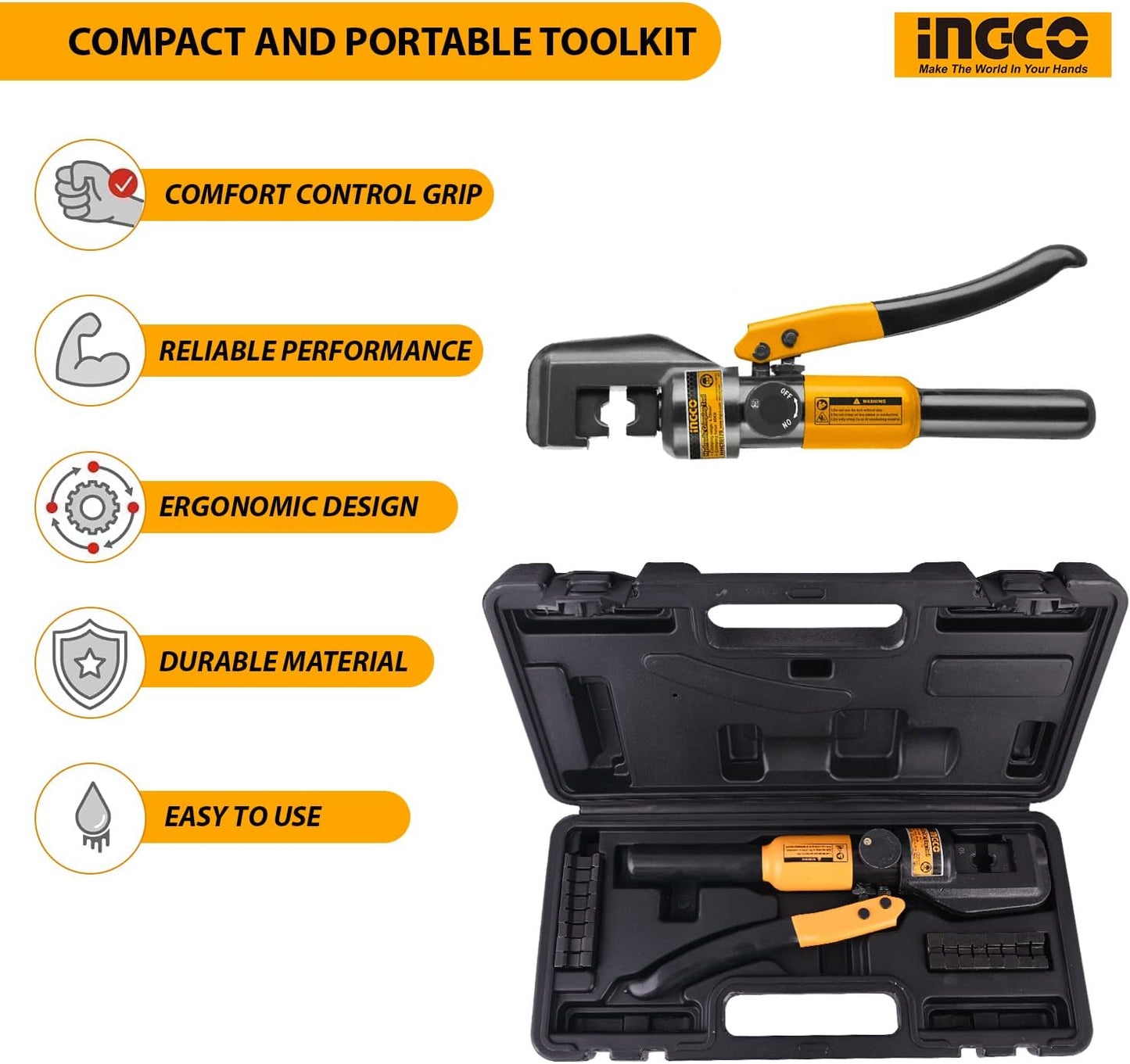 INGCO Hydraulic Crimping Tool Kit – Cable Cutter &amp; Lug Crimper, with Die Set – HHCT0170