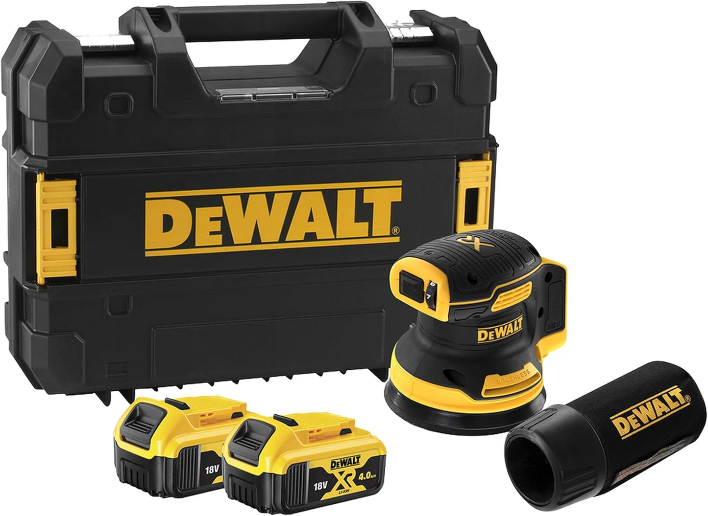 DEWALT DCW210P2-GB 18V Cordless Brushless RO Sander – 2 x 4Ah Batteries & Chargers, Yellow/Black, 3 Year Warranty