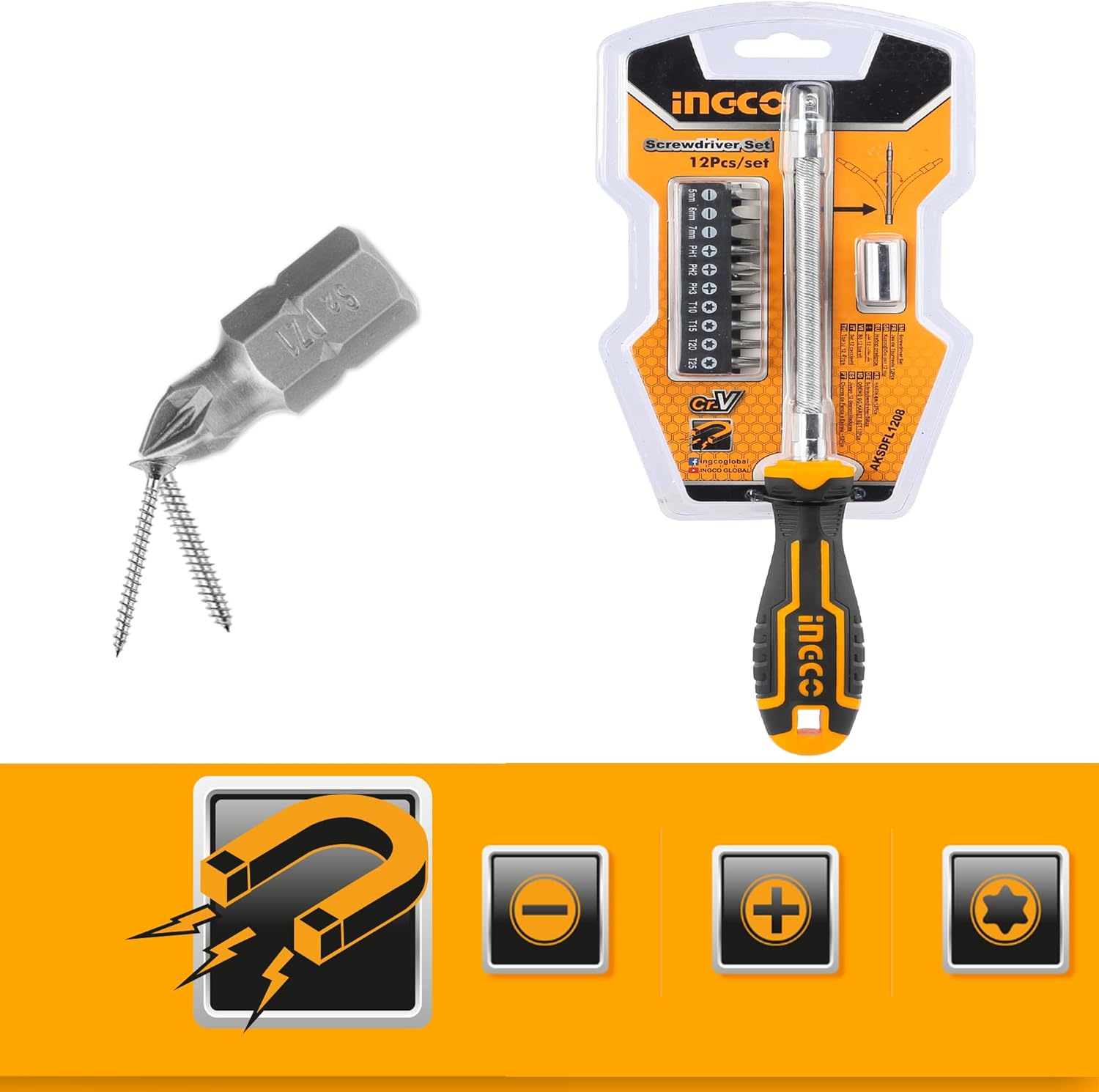 INGCO 12-Piece Flexible Shaft Screwdriver Set – Magnetic, with Extension – AKSDFL1208