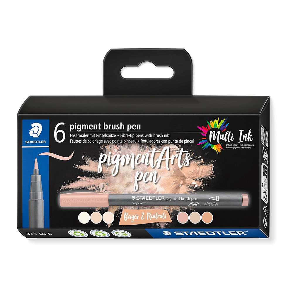 Staedtler Pigment Arts Brush Pen Set, Blues & Greens Assorted - Pack of 6
