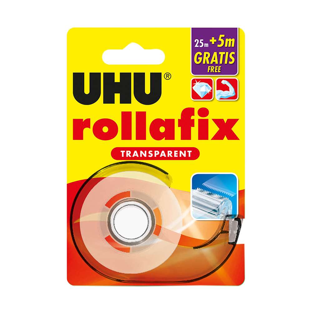 UHU Rollafix Transparent Tape with Dispenser, 19 mm x 25 m + 5 m Free