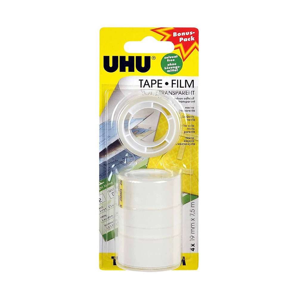 UHU Transparent Film Tape, 19 mm x 7.5 m, Pack of 4 Rolls
