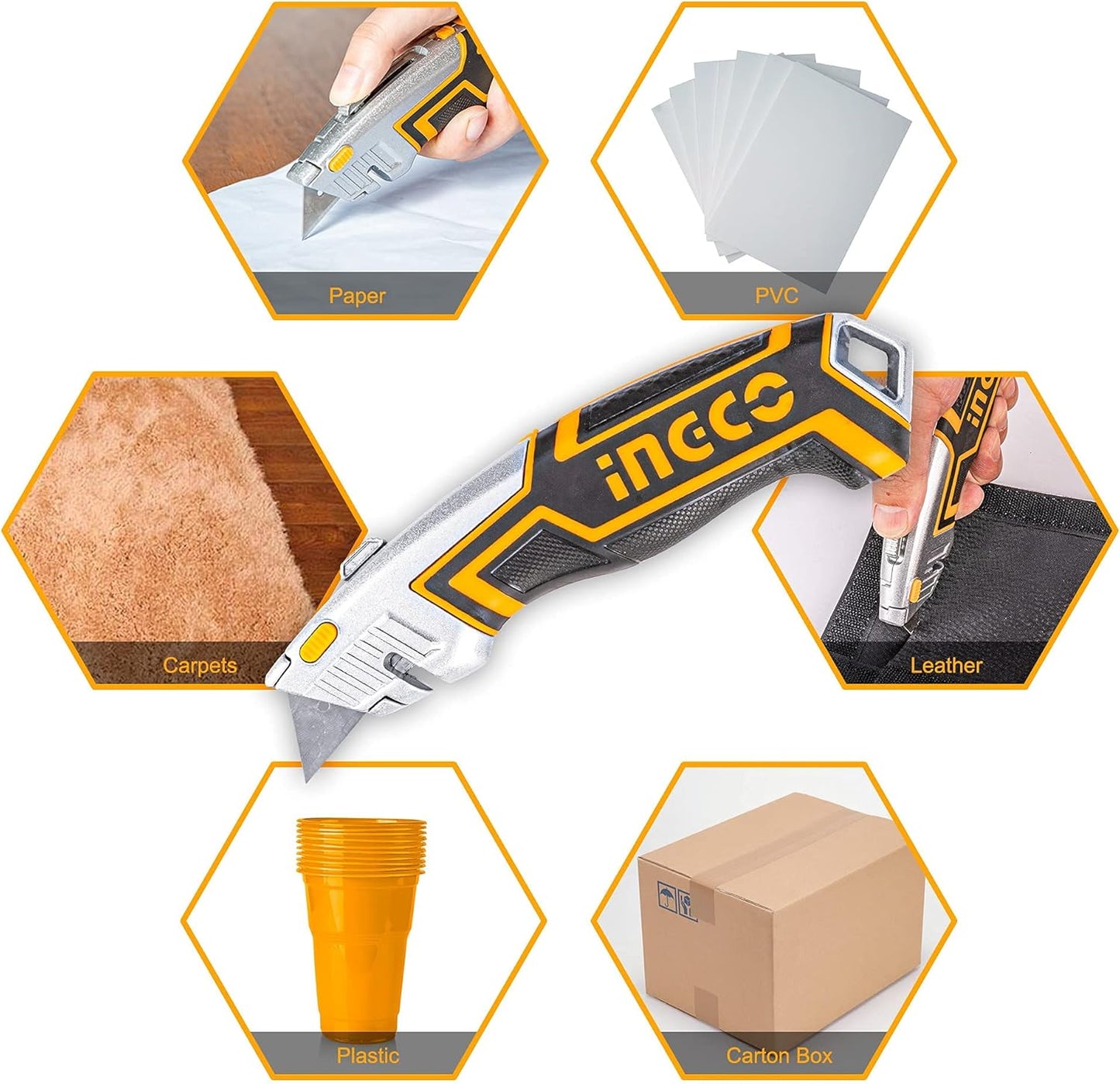 INGCO Professional Retractable Utility Knife with 5 Blades – Heavy-Duty Aluminum – HUKX0205