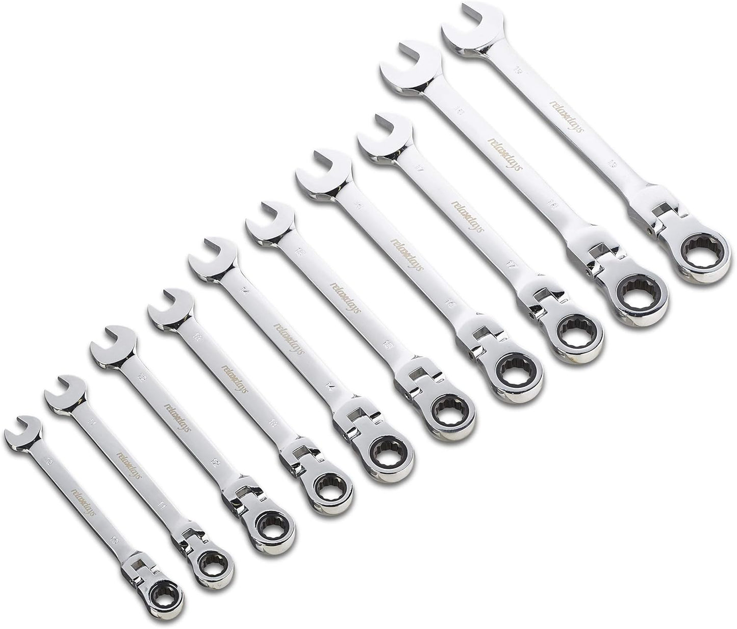 Spanner Set, 10 Pieces, Open-end & Ring with Ratchet & Joint, 10-19 mm, DIY Tool Kit, with Carry Bag, Black
