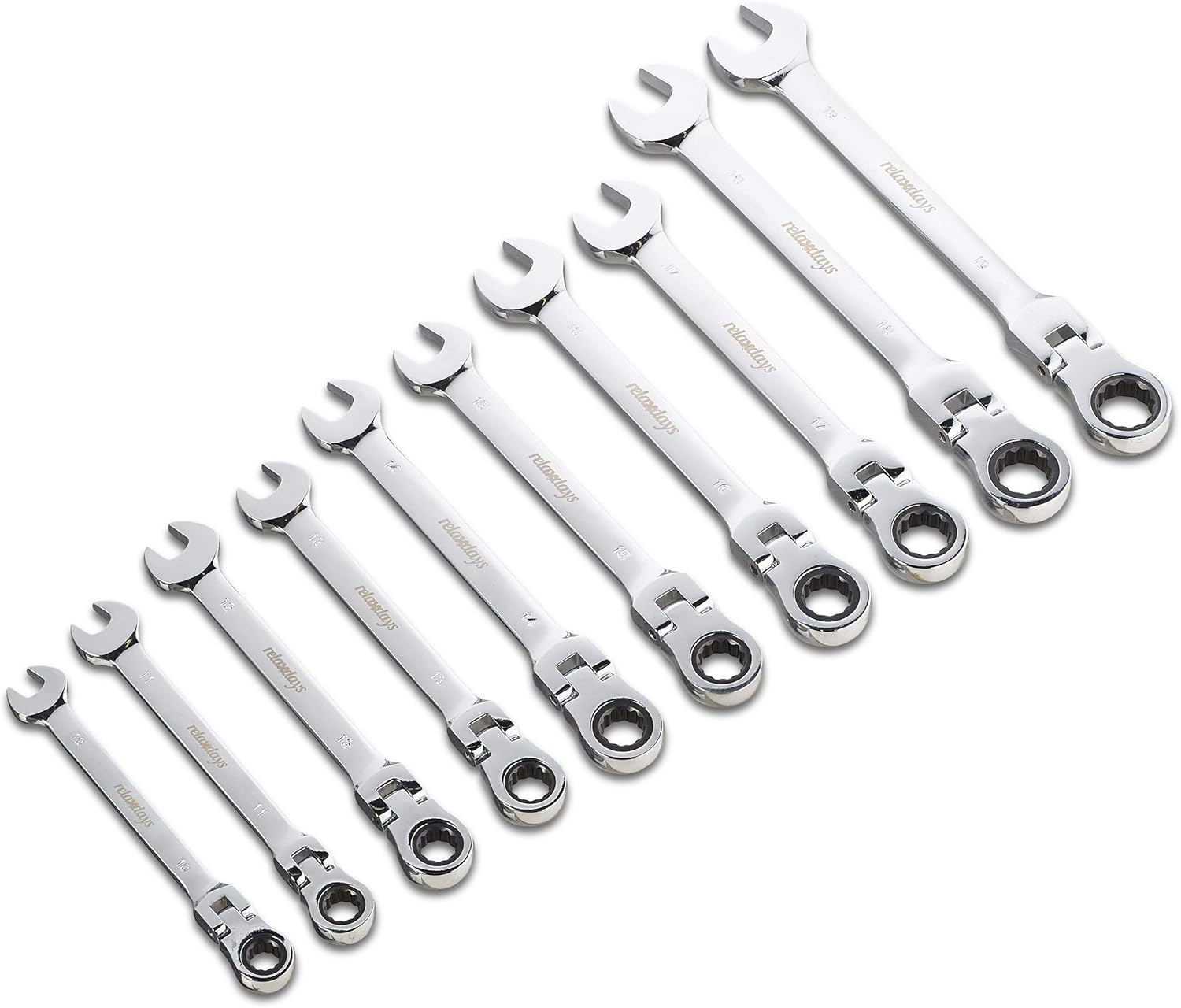 Spanner Set, 10 Pieces, Open-end & Ring with Ratchet & Joint, 10-19 mm, DIY Tool Kit, with Carry Bag, Black
