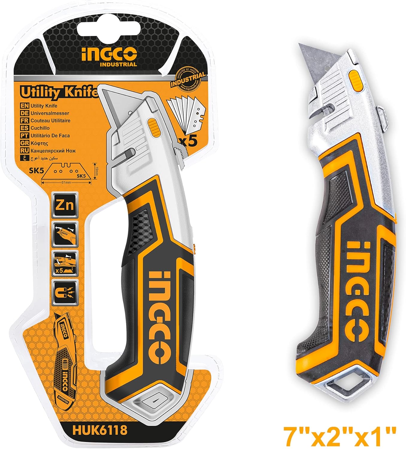 INGCO Professional Retractable Utility Knife with 5 Blades – Heavy-Duty Aluminum – HUKX0205