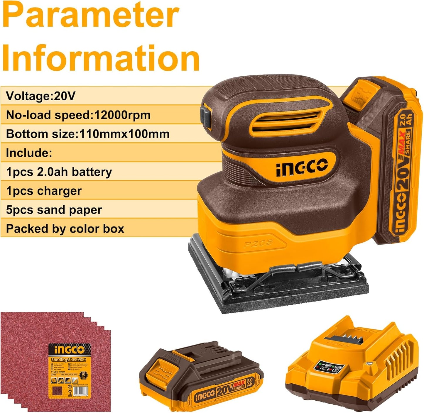 INGCO 20V Cordless Palm Sander Kit with Battery, Charger & Sandpaper – 12,000 RPM