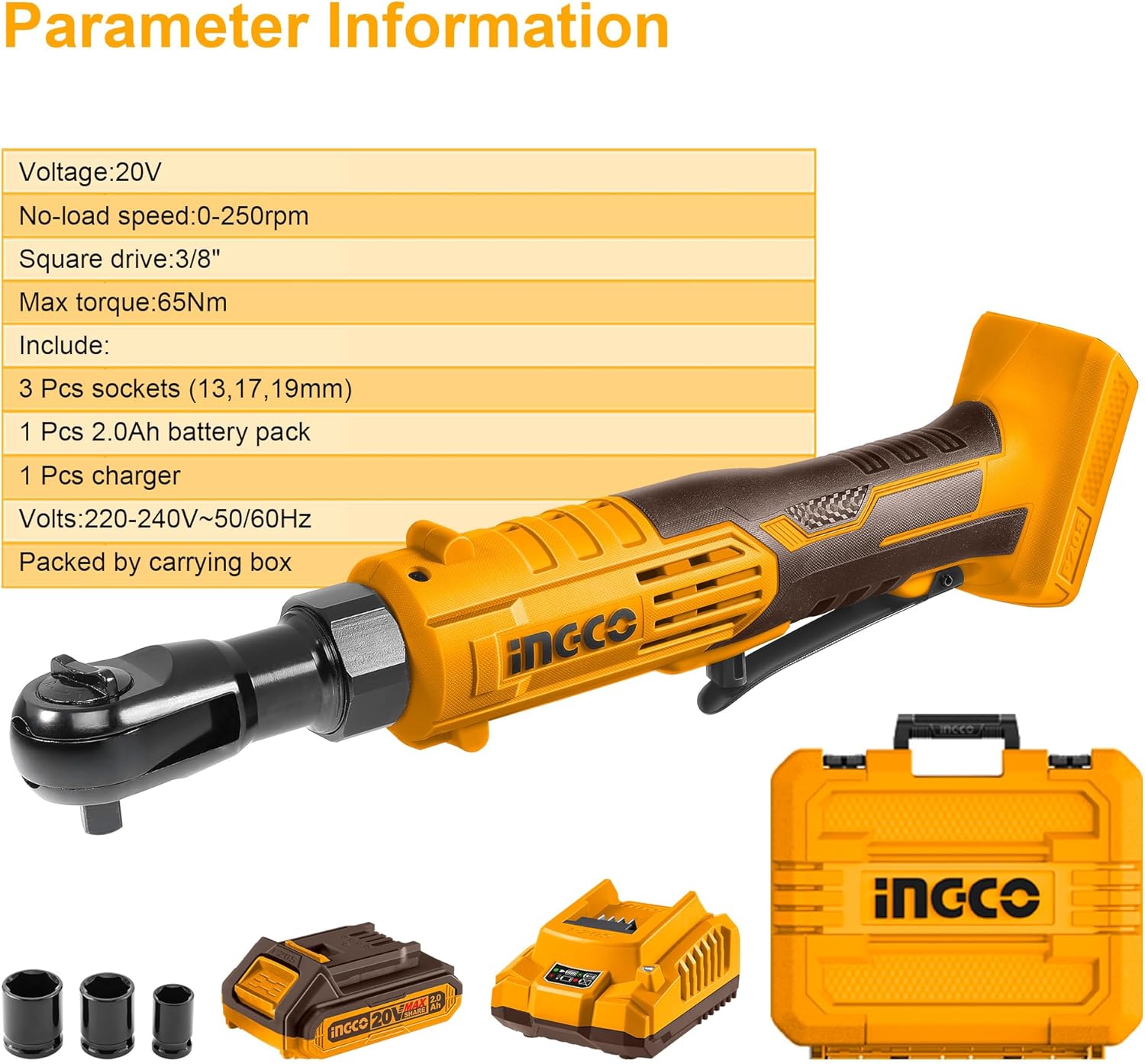 INGCO 20V Cordless Ratchet Wrench Kit – 3/8" Drive, 65Nm, with Battery &amp; Sockets – CRTLI20386