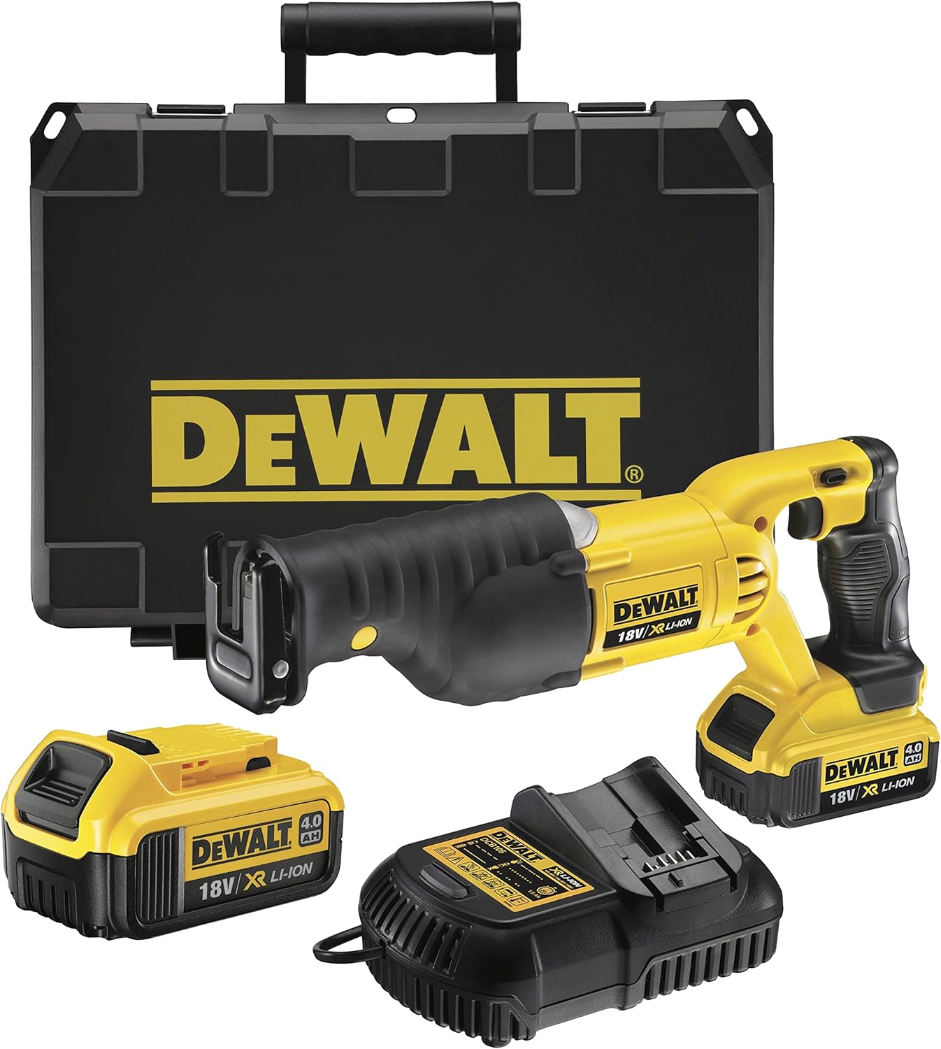 DEWALT DCS380M2-GB 18V Premium Reciprocating Saw – 2 x 4.0Ah Batteries, Charger & Kitbox, Yellow/Black, 3 Year Warranty