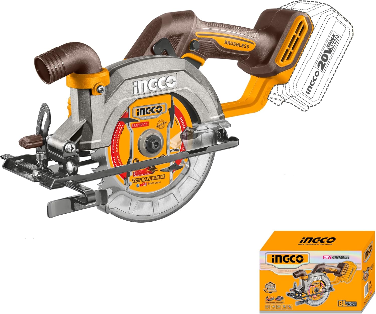 INGCO 20V Cordless Circular Saw – Brushless, 165mm Blade, with Battery – CCSLI202165