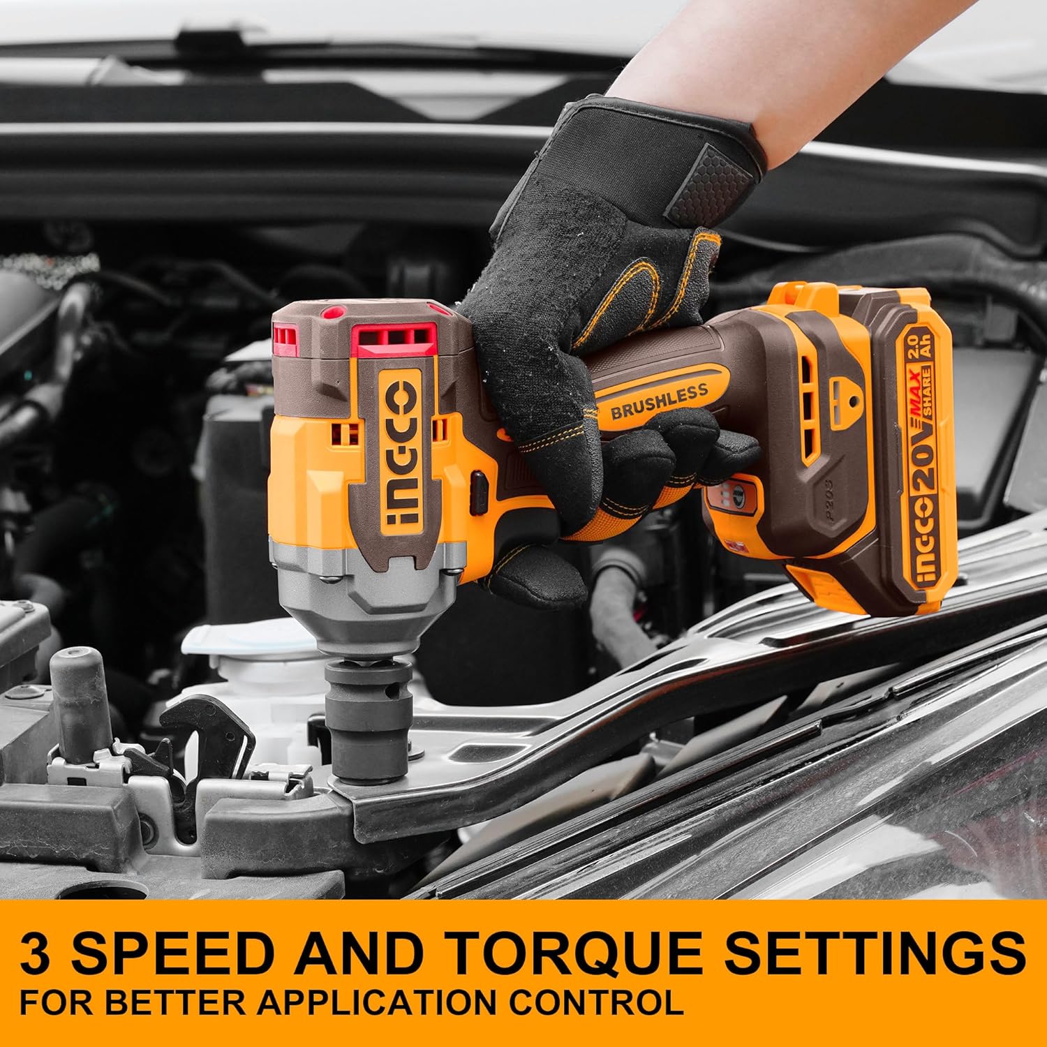 INGCO 20V Brushless Cordless Impact Wrench Kit – 400Nm, 1/2" Drive, 2 Batteries & Sockets