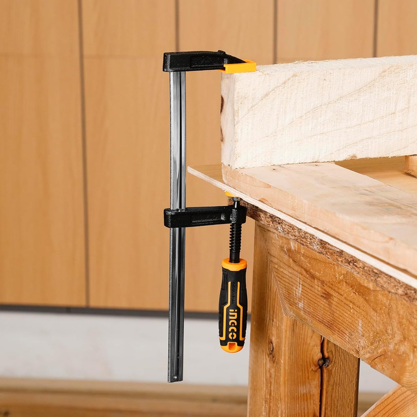 &nbsp;INGCO 4-Piece F-Clamp Set – 50mm Jaw, 250mm Capacity, with Rubberized Handle – HFCS0425