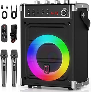 JYX Karaoke Machine with 2 UHF Wireless Microphones, Bluetooth Speaker, LED Light, Studio Subwoofer