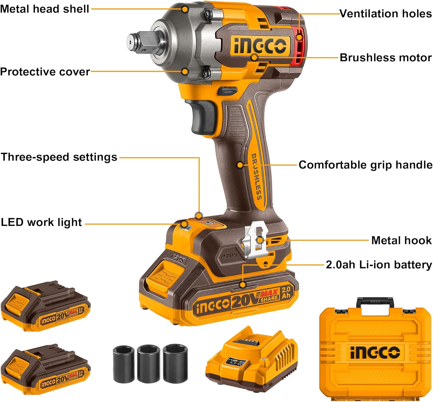 INGCO 20V Brushless Cordless Impact Wrench Kit – 400Nm, 1/2" Drive, 2 Batteries & Sockets