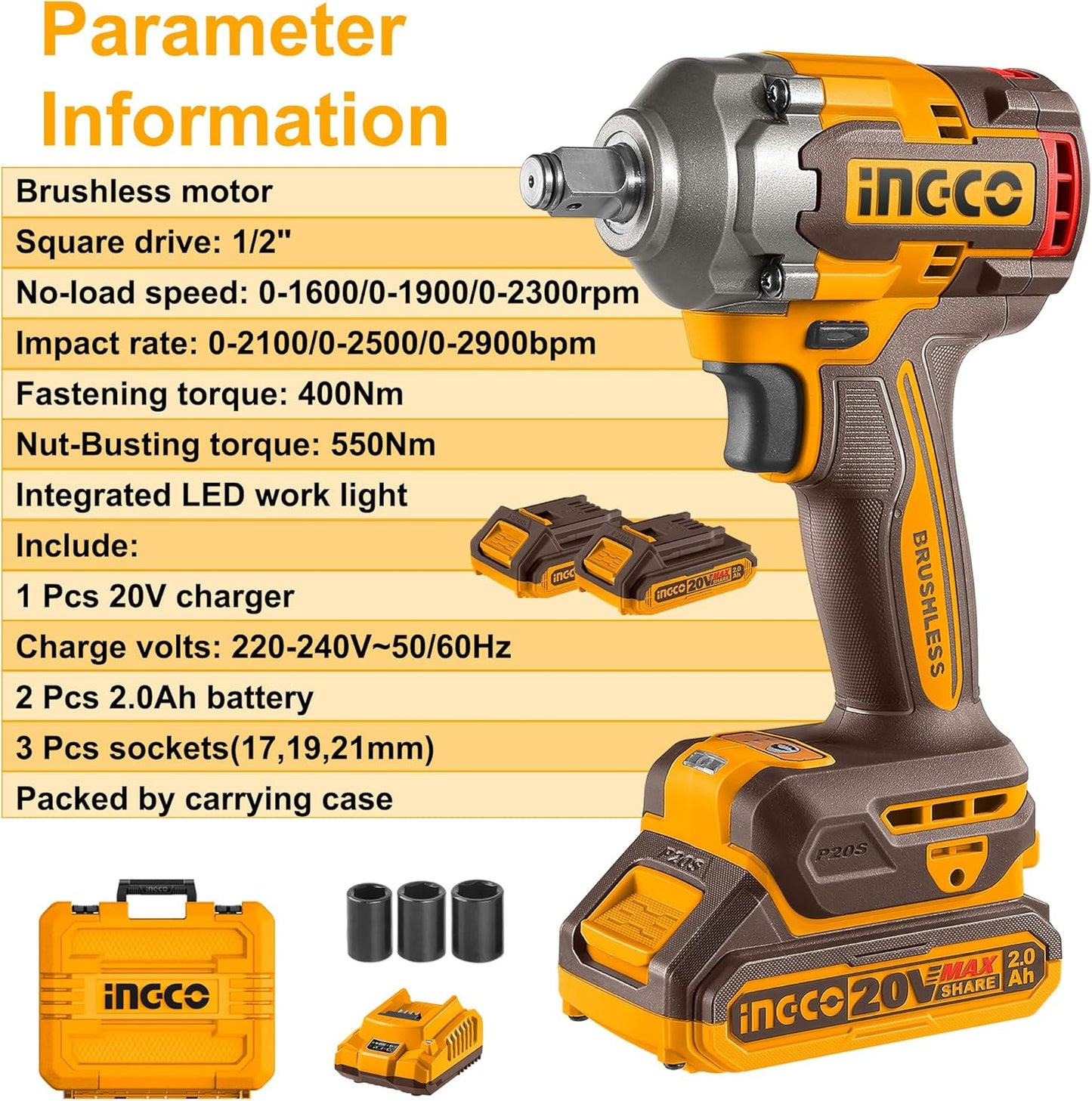 INGCO 20V Brushless Cordless Impact Wrench Kit – 400Nm, 1/2" Drive, 2 Batteries & Sockets