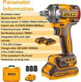 INGCO 20V Brushless Cordless Impact Wrench Kit – 400Nm, 1/2" Drive, 2 Batteries & Sockets