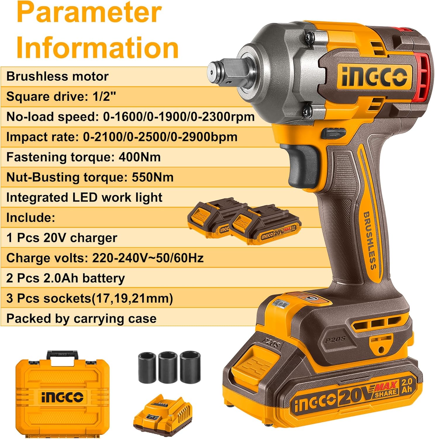 INGCO 20V Brushless Cordless Impact Wrench Kit – 400Nm, 1/2" Drive, 2 Batteries & Sockets