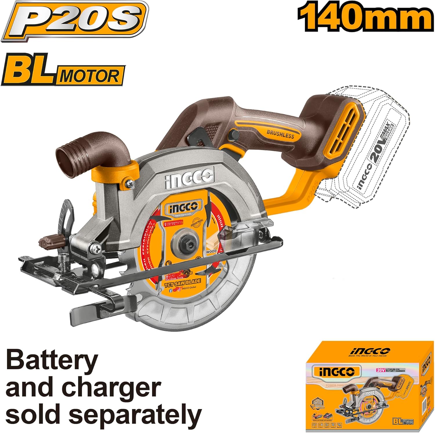INGCO 20V Cordless Circular Saw – Brushless, 165mm Blade, with Battery – CCSLI202165