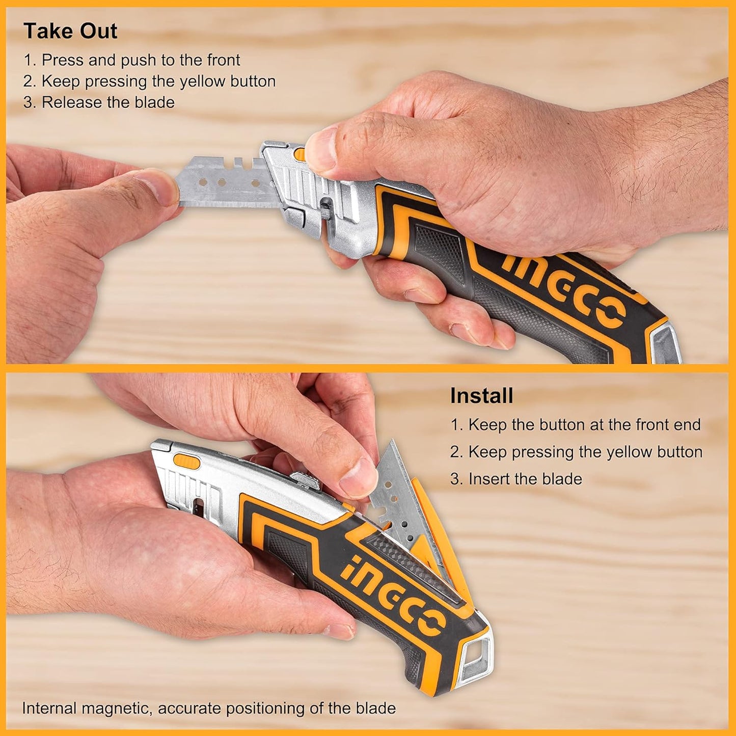 INGCO Professional Retractable Utility Knife with 5 Blades – Heavy-Duty Aluminum – HUKX0205