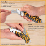 INGCO Professional Retractable Utility Knife with 5 Blades – Heavy-Duty Aluminum – HUKX0205