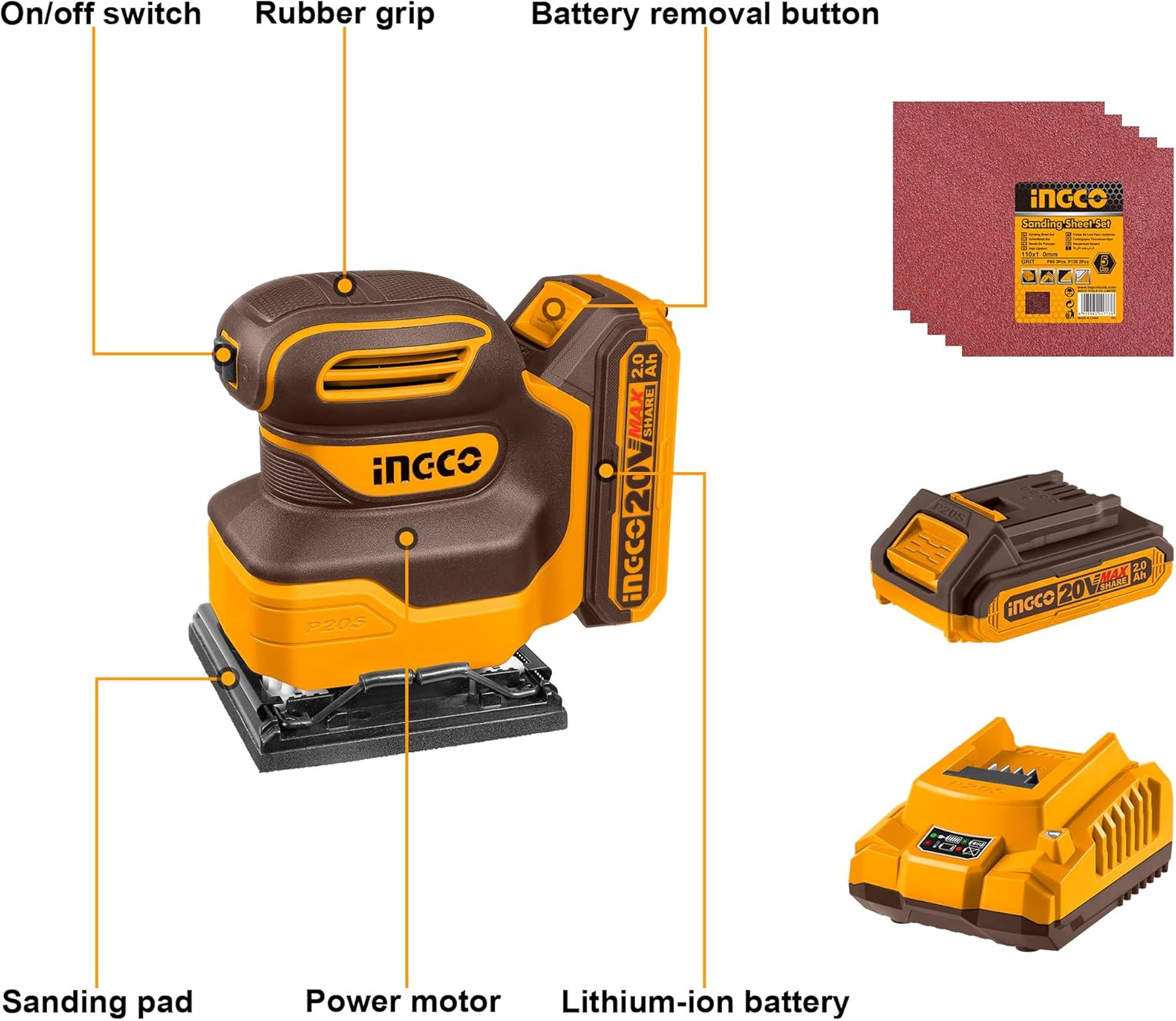 INGCO 20V Cordless Palm Sander Kit with Battery, Charger & Sandpaper – 12,000 RPM