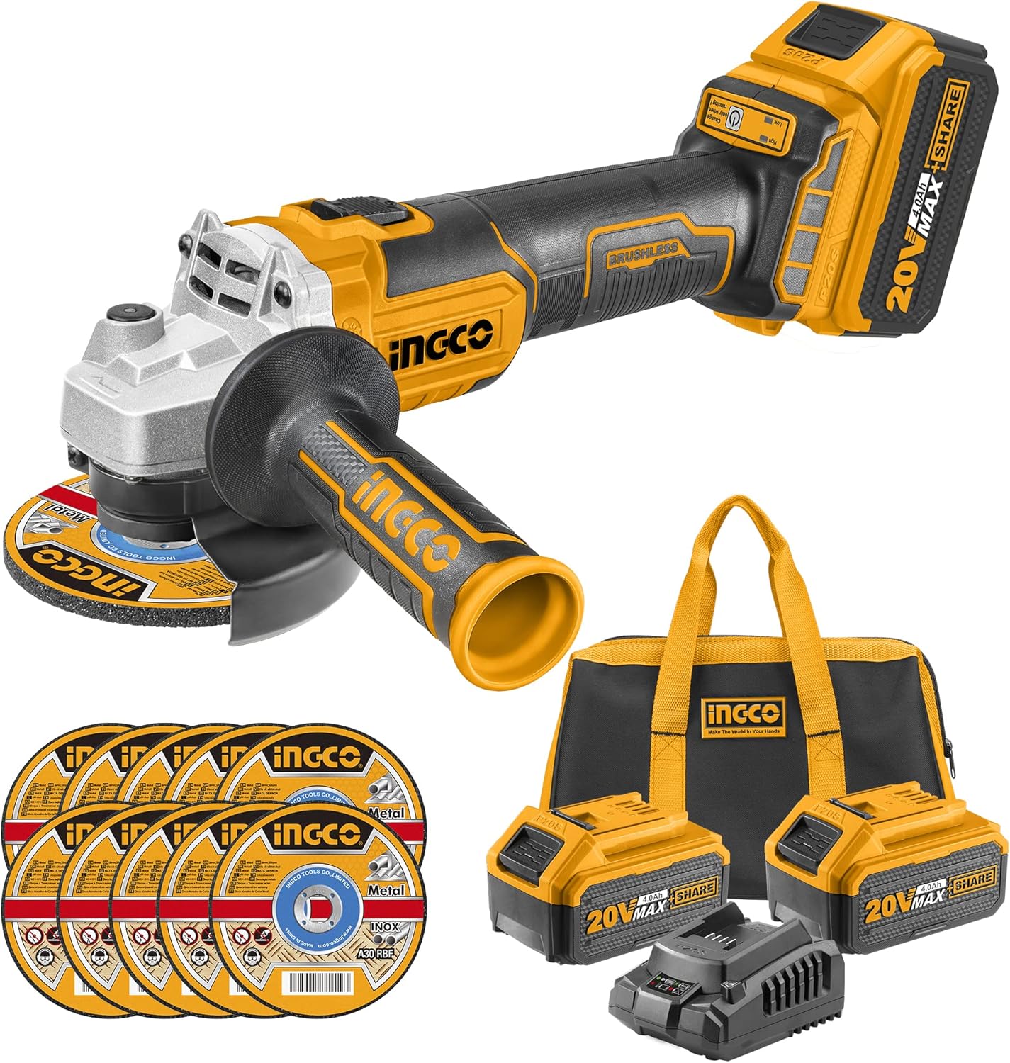 INGCO 20V Cordless Brushless Angle Grinder – 115mm, 2 Batteries & Charger – CAGLI261522