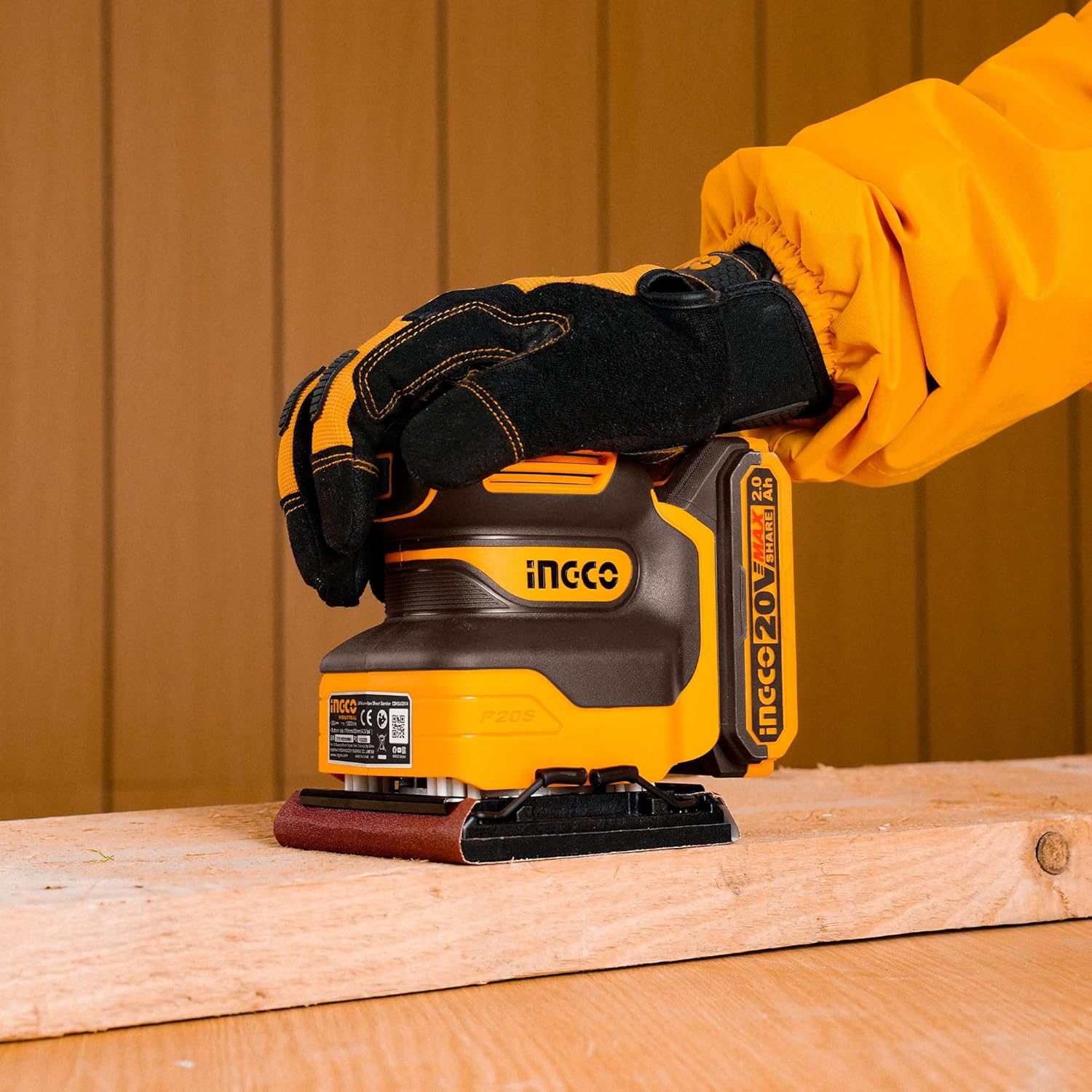 INGCO 20V Cordless Palm Sander Kit with Battery, Charger & Sandpaper – 12,000 RPM