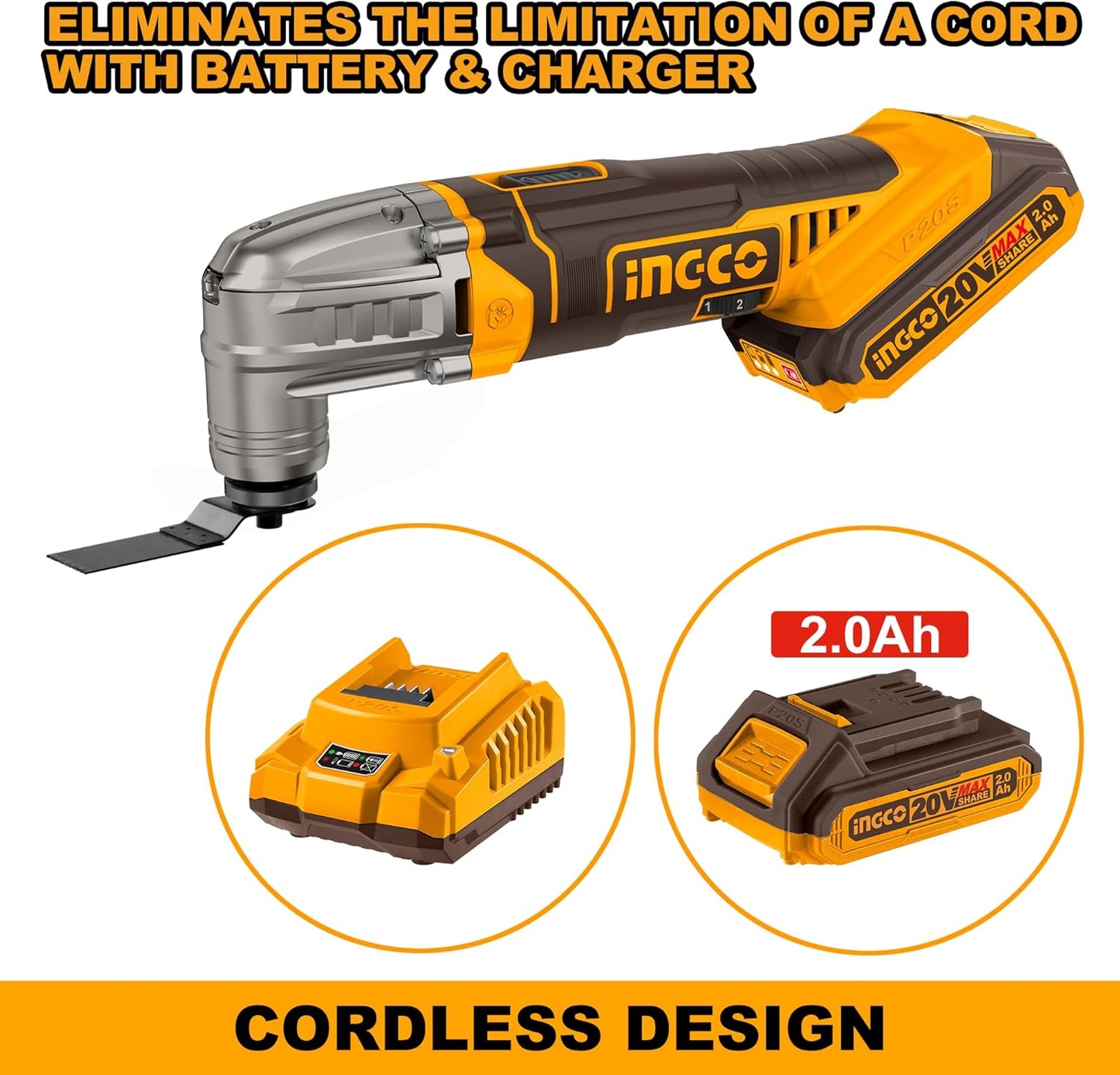 &nbsp;INGCO 20V Cordless Oscillating Multi-Tool Kit – with 8 Accessories for Cutting &amp; Sanding – OMTLI20028