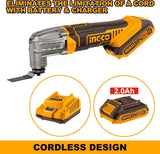 &nbsp;INGCO 20V Cordless Oscillating Multi-Tool Kit – with 8 Accessories for Cutting &amp; Sanding – OMTLI20028