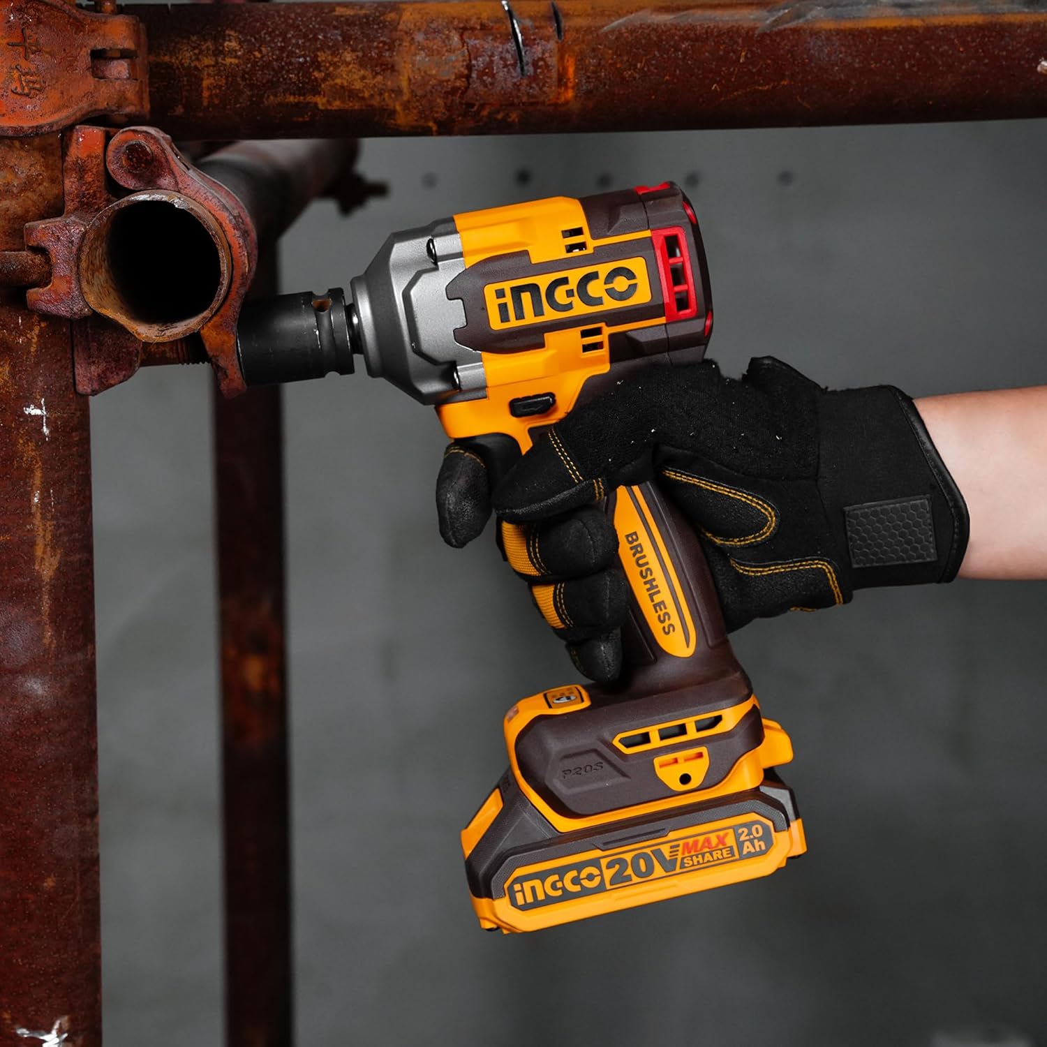 INGCO 20V Brushless Cordless Impact Wrench Kit – 400Nm, 1/2" Drive, 2 Batteries & Sockets