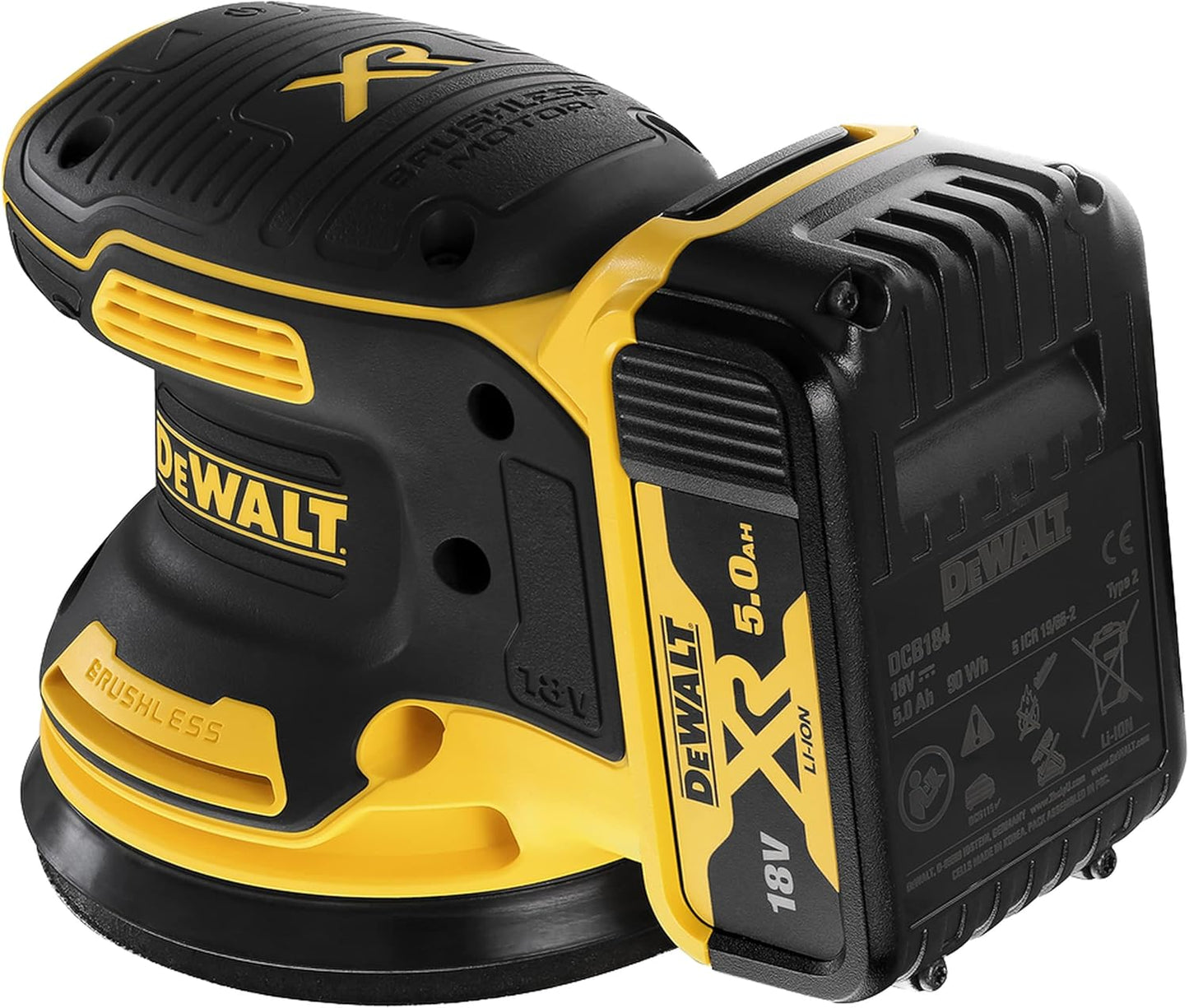 DEWALT DCW210P2-GB 18V Cordless Brushless RO Sander – 2 x 4Ah Batteries & Chargers, Yellow/Black, 3 Year Warranty