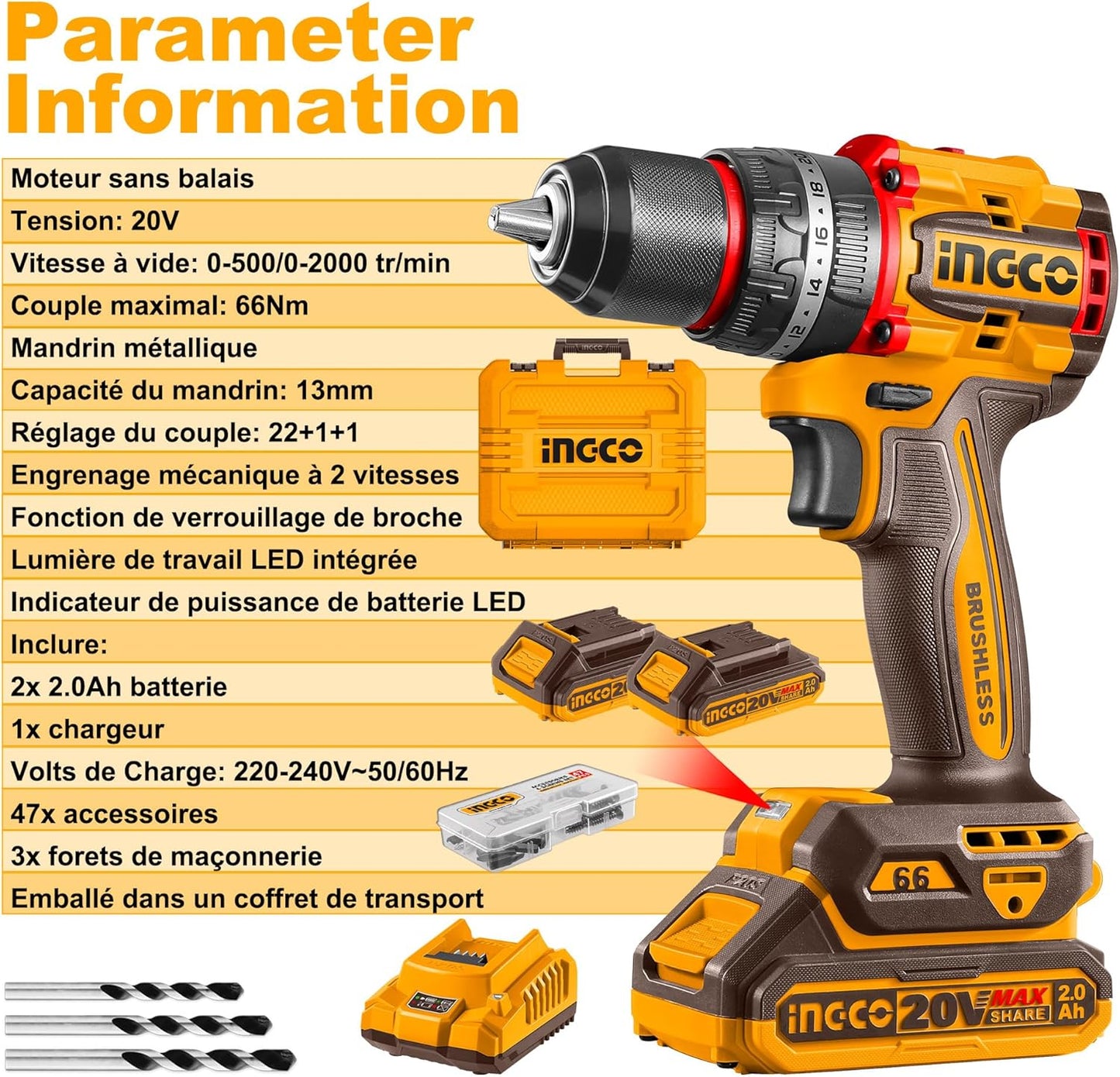 INGCO 20V Compact Brushless Cordless Impact Drill/Driver – 66Nm CIDLI20668