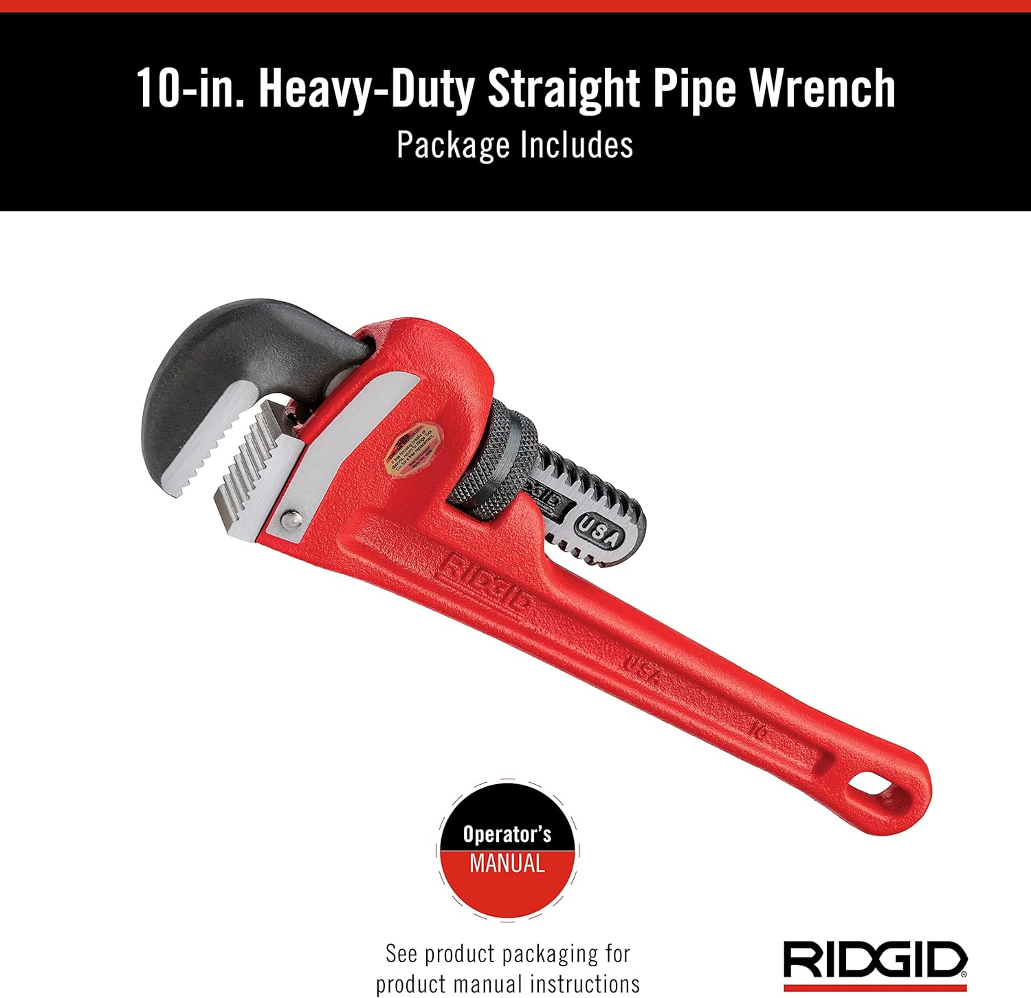 Ridgid 31010 Heavy-Duty Straight Pipe Wrench – 10 Inch (250mm)