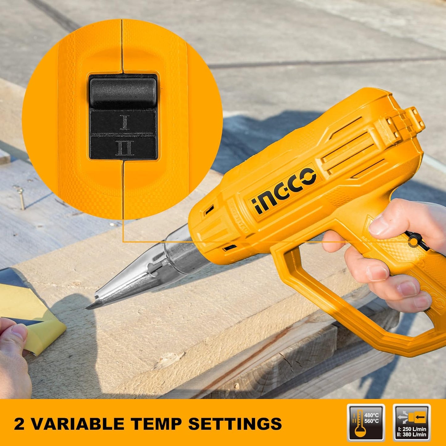INGCO 2000W Heavy-Duty Heat Gun – Dual Temperature, with Nozzles – HG2000385