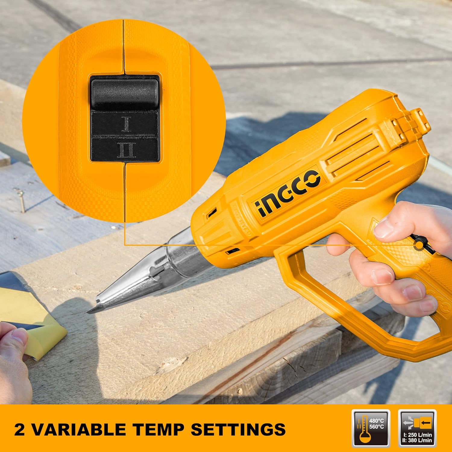 INGCO 2000W Heavy-Duty Heat Gun – Dual Temperature, with Nozzles – HG2000385