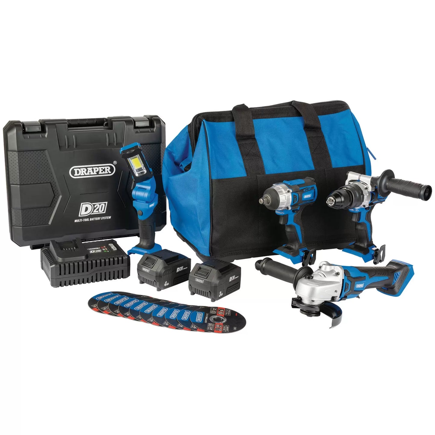 Draper Tools - 90470 - D20 20V Workshop Kit, 1 x 3.0Ah Battery, 1 x 4.0Ah Battery, 1 x Fast Charger (19 Piece)