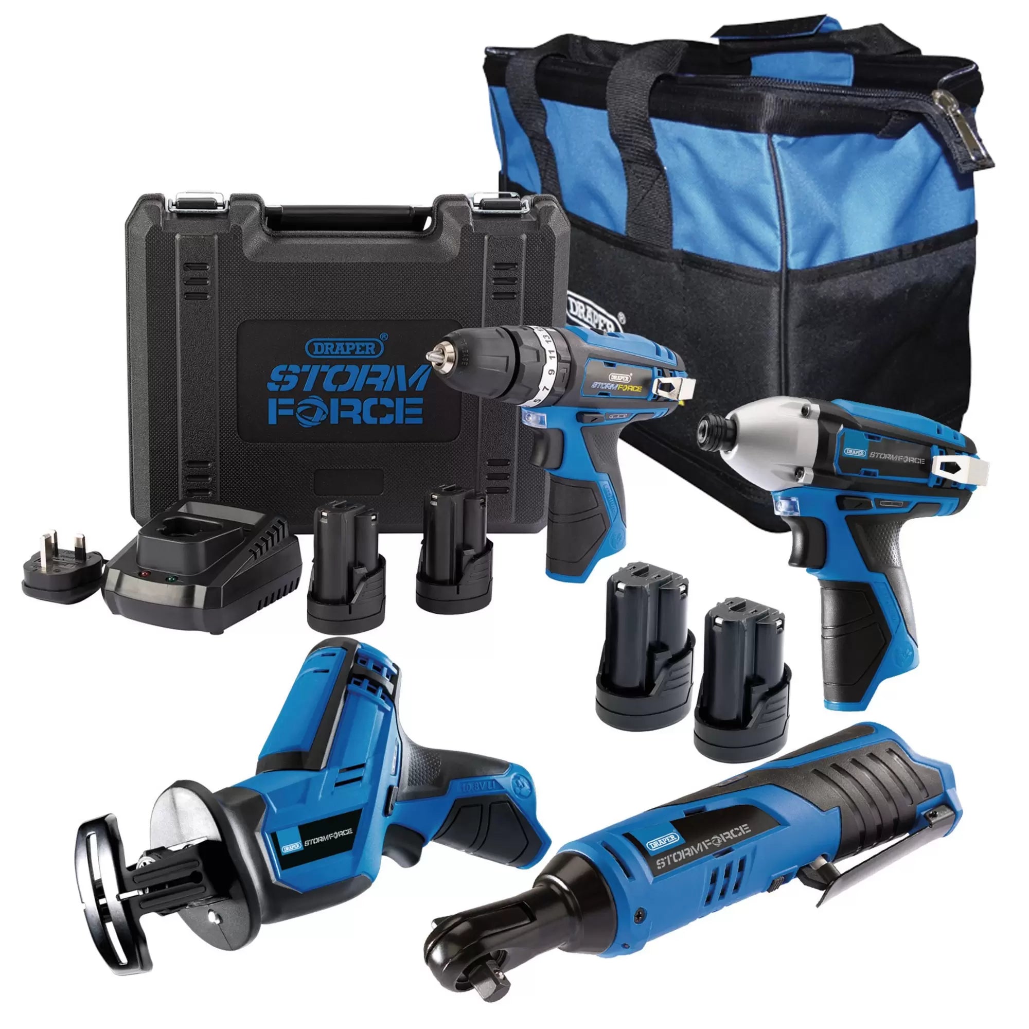 Draper Tools - 91032 - 12V Drill, Drive and Cut Interchange Kit, 4 x 1.5Ah Li-ion Batteries, 1 x Fast Charger and 1 x Tool Bag