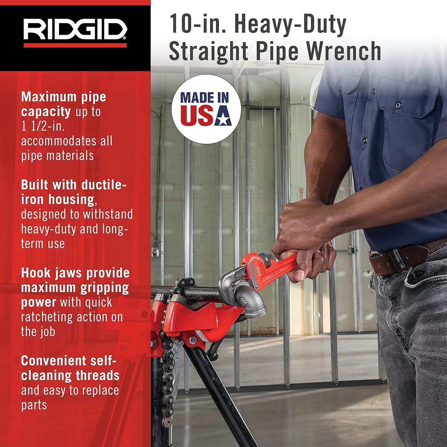 Ridgid 31010 Heavy-Duty Straight Pipe Wrench – 10 Inch (250mm)