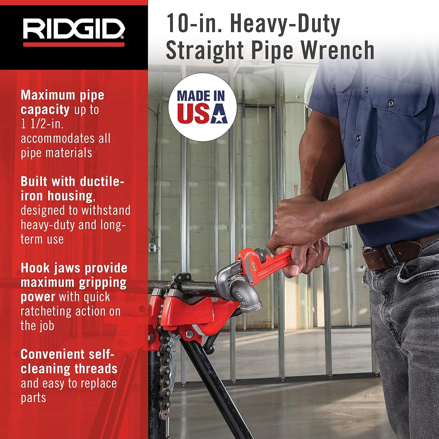Ridgid 31010 Heavy-Duty Straight Pipe Wrench – 10 Inch (250mm)