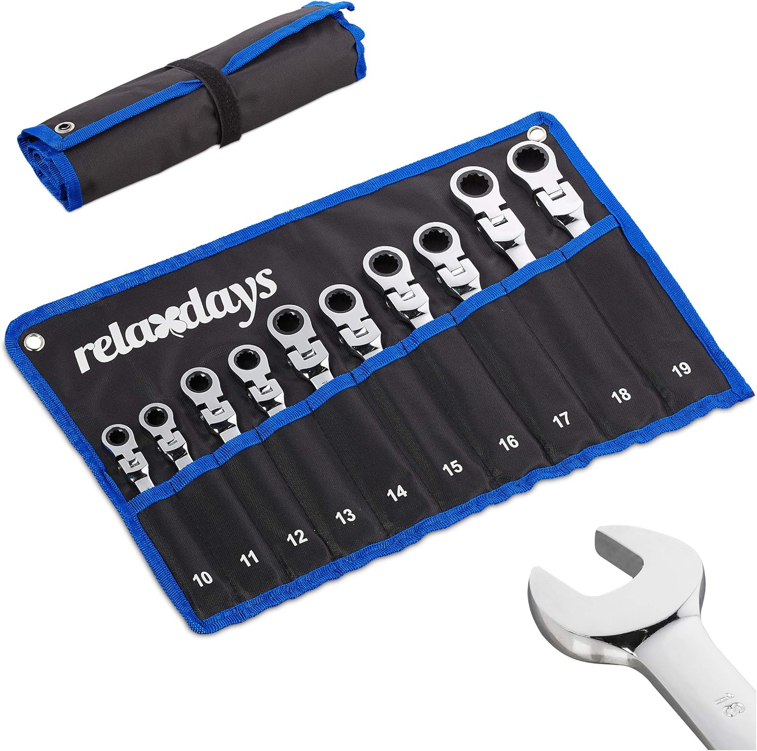 Spanner Set, 10 Pieces, Open-end & Ring with Ratchet & Joint, 10-19 mm, DIY Tool Kit, with Carry Bag, Black