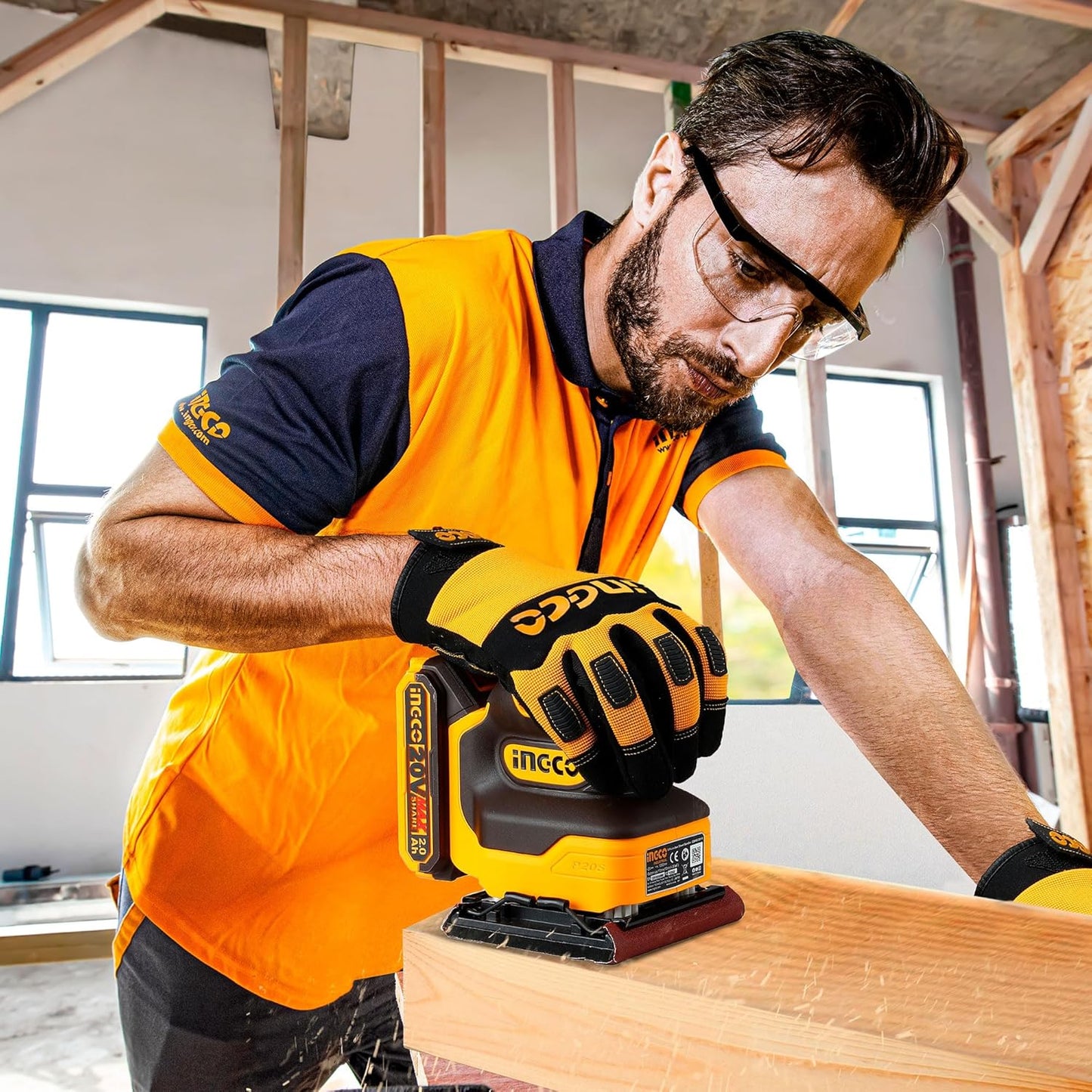 INGCO 20V Cordless Palm Sander Kit with Battery, Charger & Sandpaper – 12,000 RPM