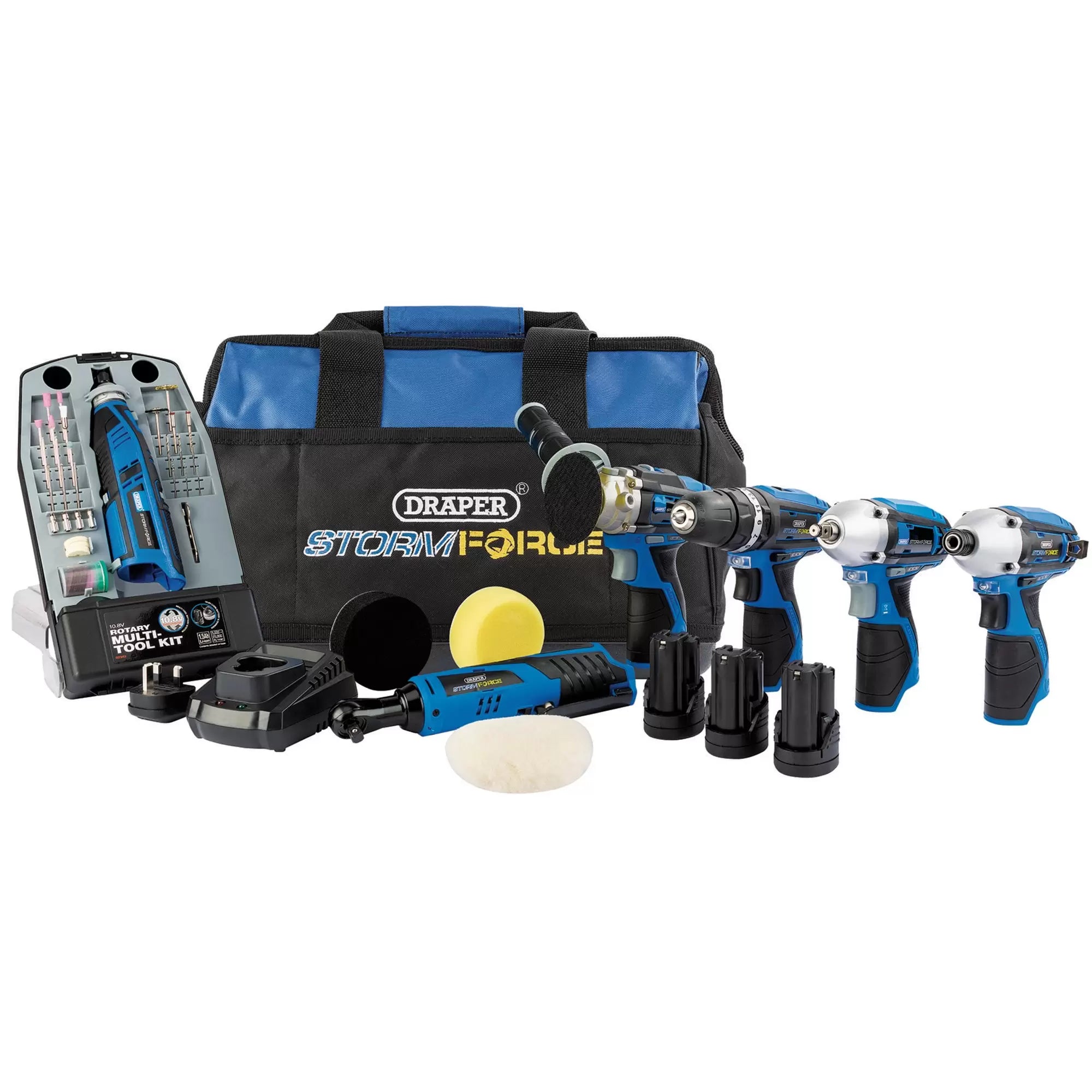 Draper Tools - 93445 - Draper Storm Force® 12V Multi-Power Interchange Kit, 3 x 1.5Ah Li-ion Batteries, 2 x Fast Chargers and 1 x Tool Bag
