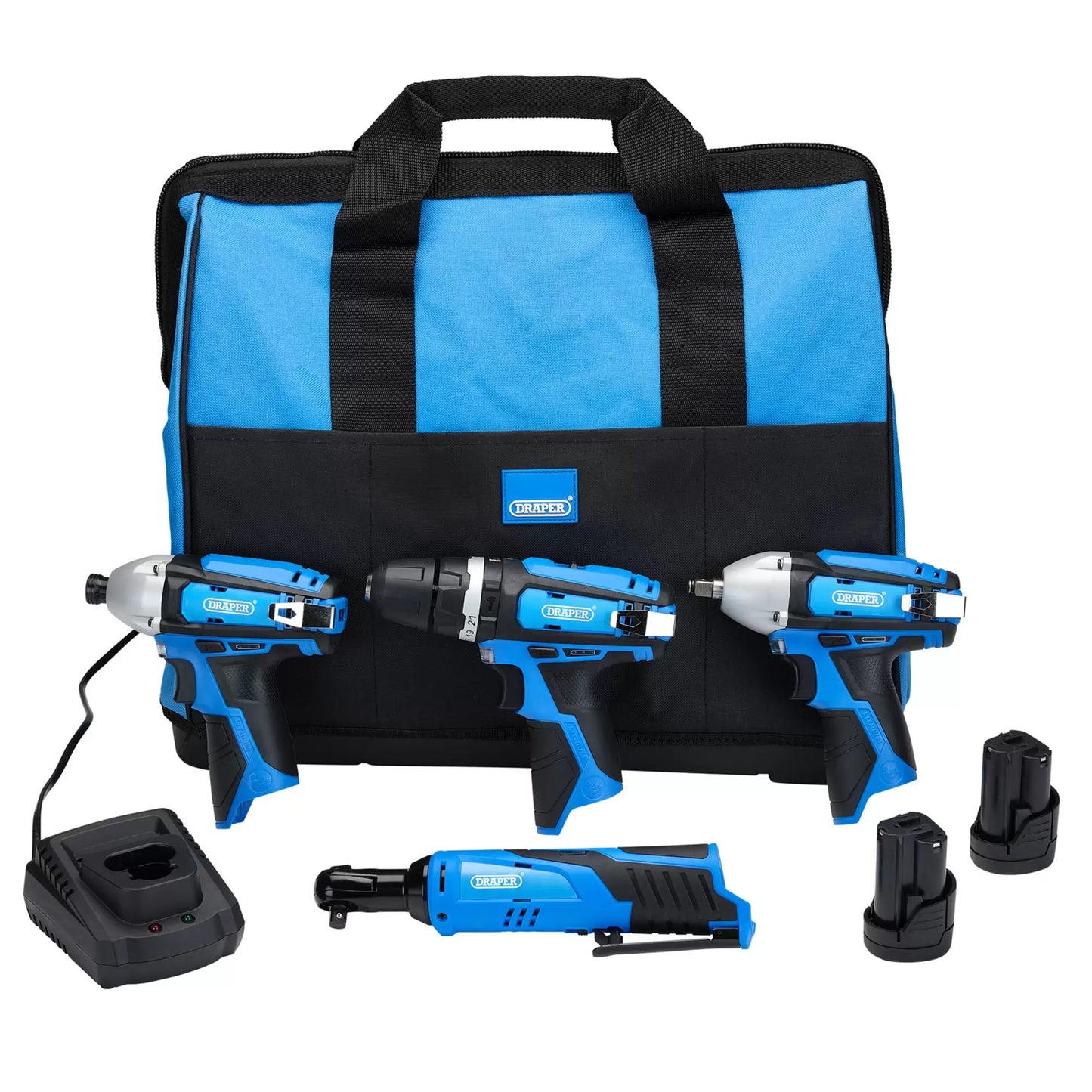 Draper Tools - 93446 - 12V Drill Drive and Ratchet Interchange Kit II, 2 x 1.5Ah Li-ion Batteries, 1 x Fast Charger and 1 x Tool Bag
