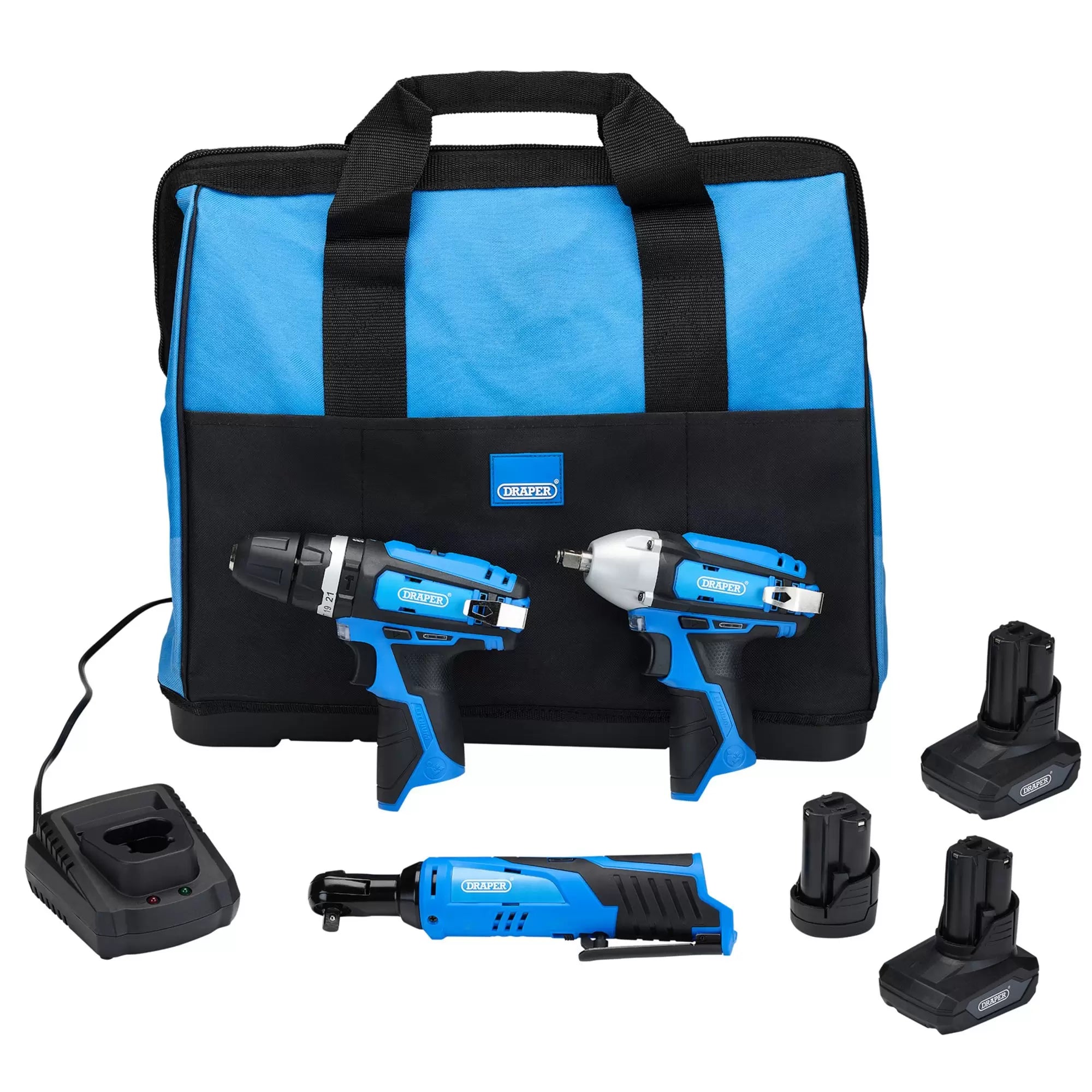 Draper Tools - 93521 - 12V Drill Drive and Ratchet Interchange Kit, 2 x 4.0Ah Li-ion Battery, 1 x 1.5Ah Li-ion Battery, 1 x Fast Charger, 1 x Tool Bag